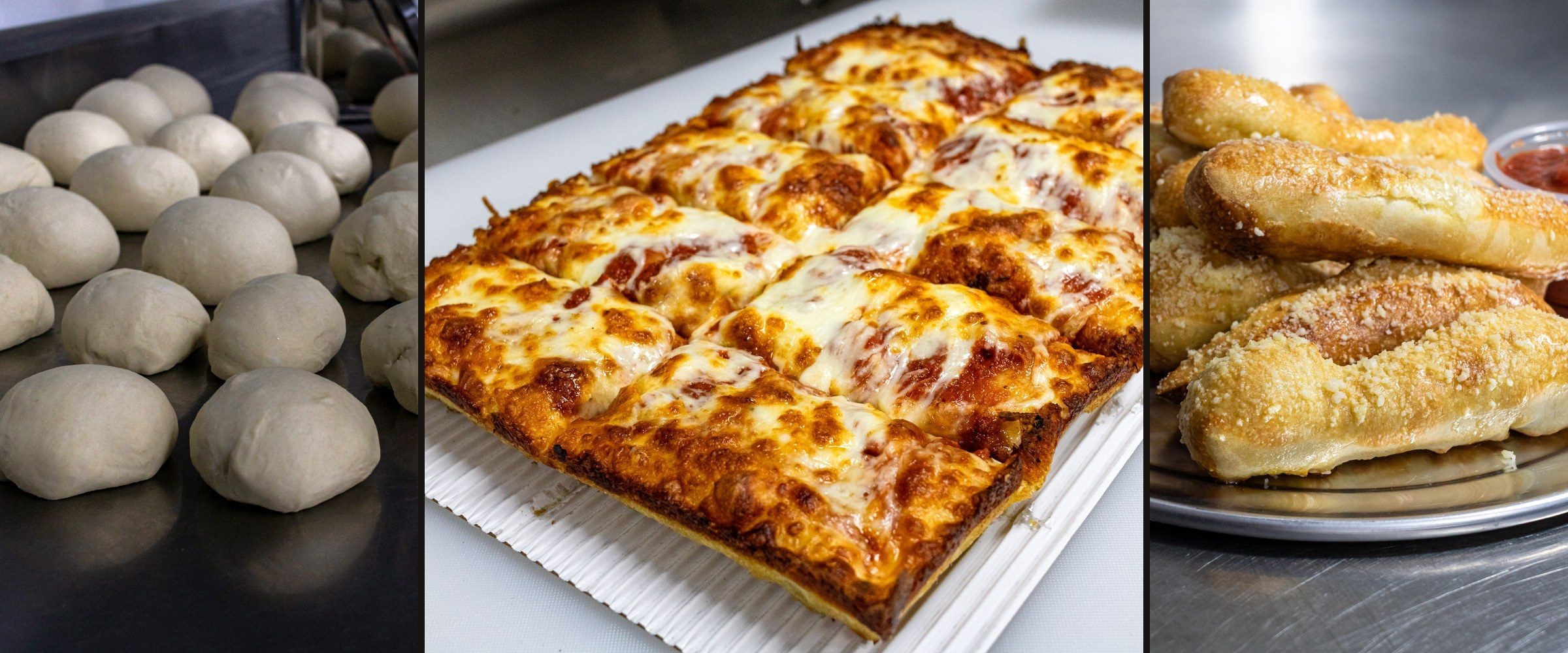 Pauli's Pizza kitchen — fresh dough, pizza, and breadsticks being made